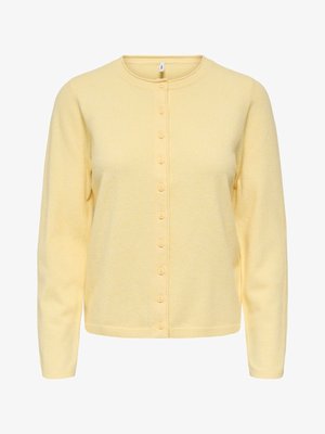 Cardigan giallo lavorato a maglia con maniche lunghe, scollo rotondo e chiusura frontale con bottoni; tessuto leggero e morbido.