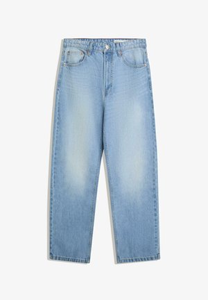 Lys blå denim jeans med en afslappet pasform, med frontlommer, toppen lukning med knap og minimal falming på benene.