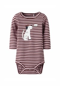 Pasiasty bodysuit z długim rękawem w kolorze burgundowym i jasnoróżowym, z białą grafiką psa i dymkiem z napisem "BONJOUR". Zatrzaskowe zapięcie na dole.