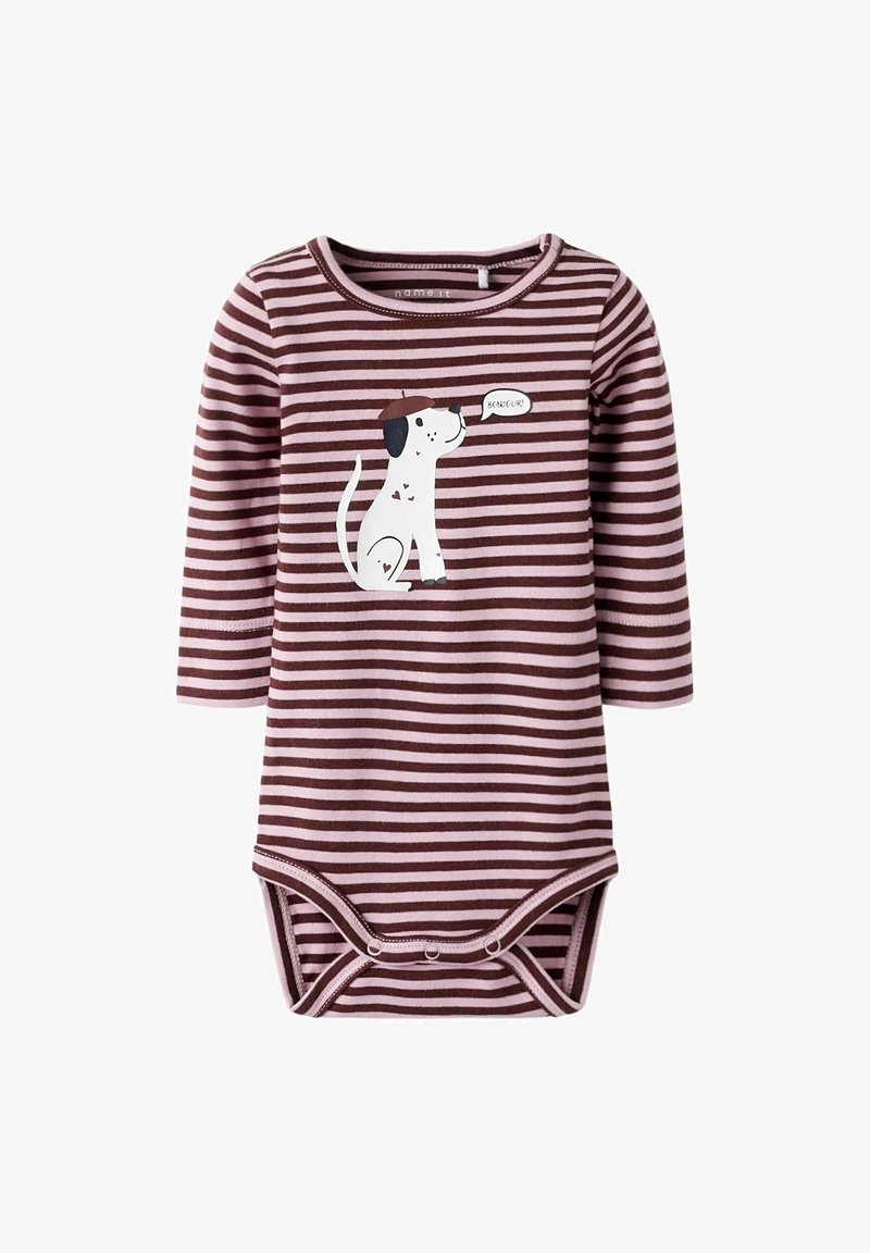 Pasiasty bodysuit z długim rękawem w kolorze burgundowym i jasnoróżowym, z białą grafiką psa i dymkiem z napisem "BONJOUR". Zatrzaskowe zapięcie na dole.