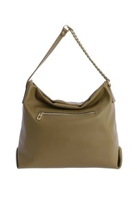 Bolso de hombro de cuero verde oliva con un diseño relajado, bolsillo frontal con cremallera y una cadena trenzada como asa. Textura suave con bordes delicados.