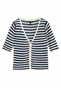 Pasiasty kardigan o fakturze przeszywanej, w kolorach granatowym i białym, z dekoltem w kształcie litery V, krótkimi rękawami, zapięciem na guziki z przodu oraz równomiernie rozmieszczonymi poziomymi paskami.