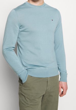 Mann trägt einen hellblauen Langarmpullover mit kleinem Logo auf der Brust und olivgrüne Hose, steht mit einer Hand in der Tasche.