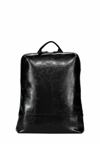 Sac à dos en cuir noir avec une finition lisse et brillante. Il est équipé d'une poignée supérieure, d'une fermeture éclair et d'un logo discret en bas.