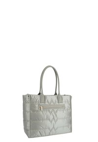 Borsa a tracolla trapuntata grigia chiara con manici doppi e una tasca frontale con zip. Realizzata in materiale morbido e imbottito con dettagli a motivo diamante.