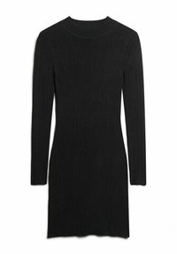 Svart ribbad klänning med långa ärmar och rundad halsringning. Har en figurnära silhuett och en knälång nederkant. Tillverkad av textilerad material.
