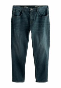 Blugi din denim închis, cu tăietură regulată și ușor conică, cinci buzunare, ușoară decolorare și închidere cu button la talie. Tiv simplu la manșete.