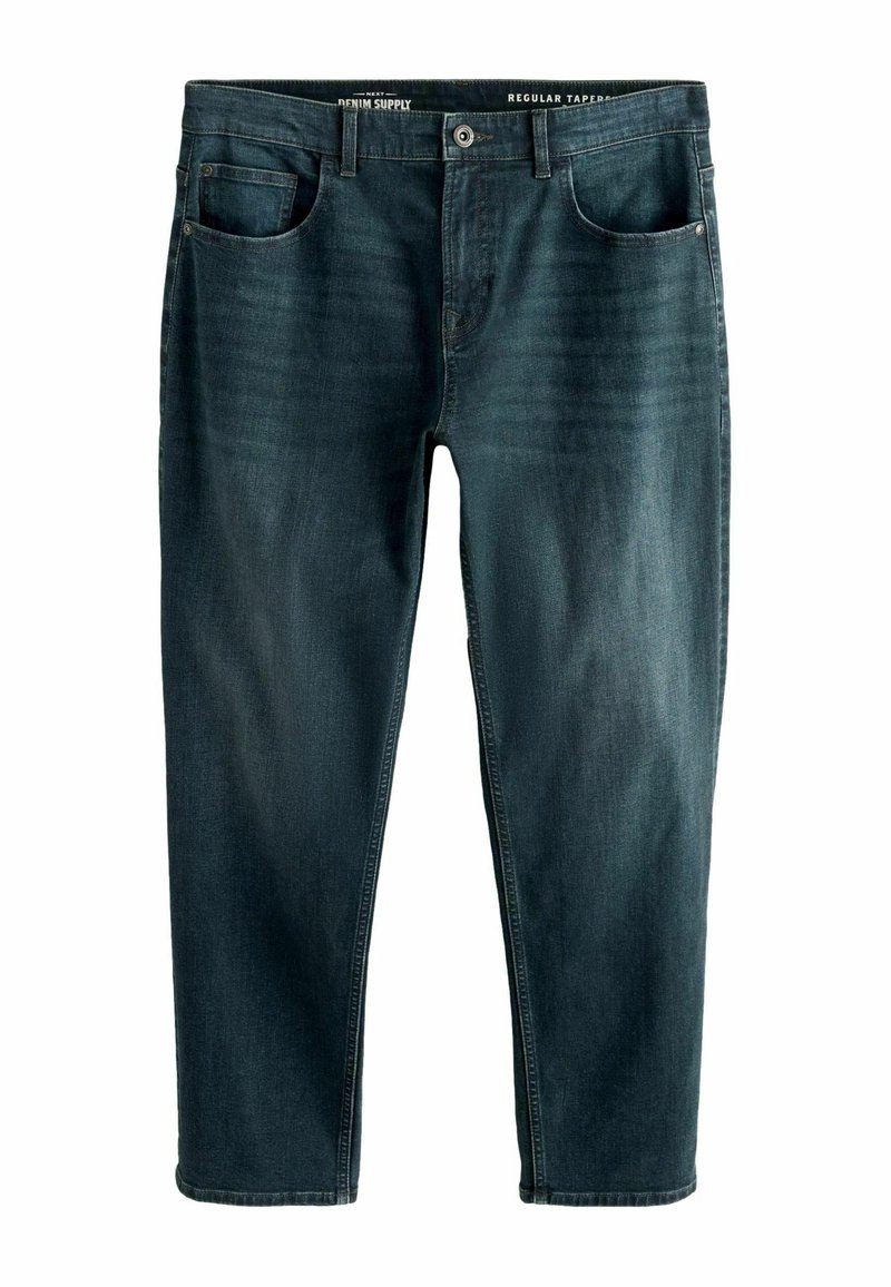 Blugi din denim închis, cu tăietură regulată și ușor conică, cinci buzunare, ușoară decolorare și închidere cu button la talie. Tiv simplu la manșete.
