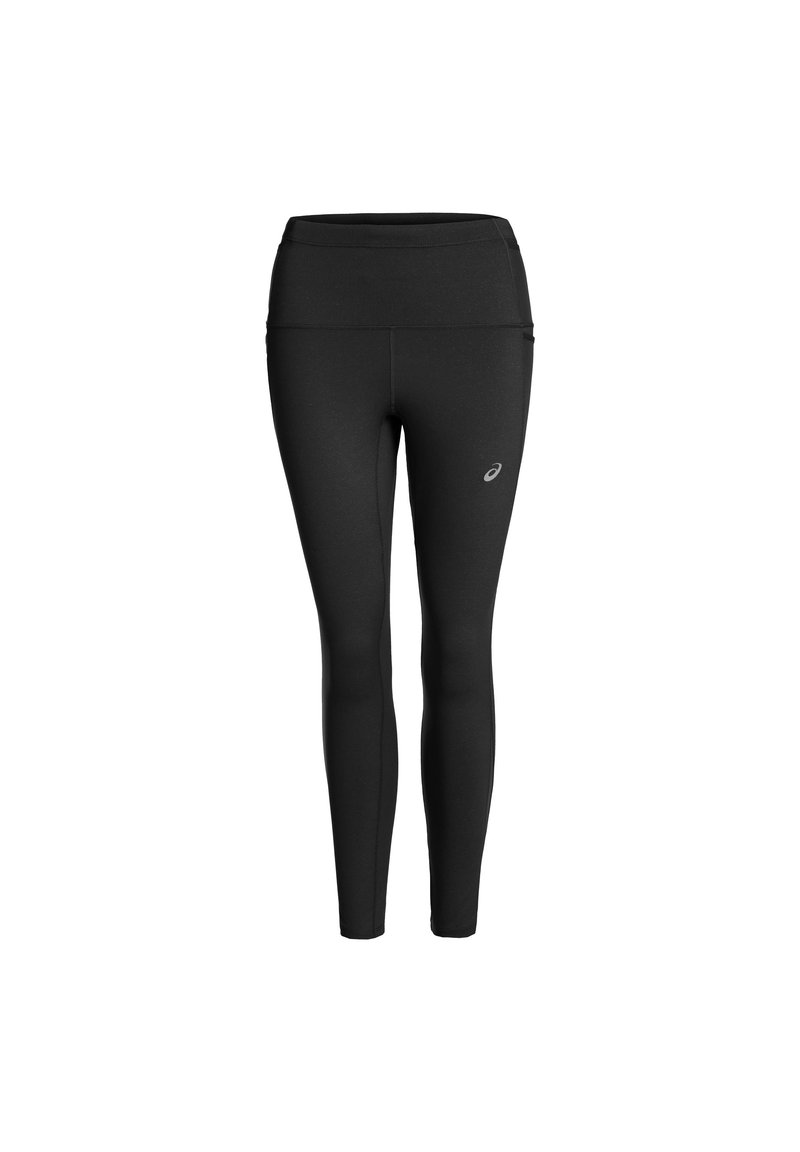 Leggings atléticos negros con una cintura alta, hechos de una tela elástica, que presentan un pequeño logo en el lateral y una superficie suave.