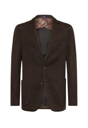 Brauner Blazer aus strukturiertem Stoff, mit einem Ein-Knopf-Verschluss, zwei aufgesetzten Taschen auf der Vorderseite und satinierter Innenauskleidung. Mit Spitzrevers und ohne Schlitz.