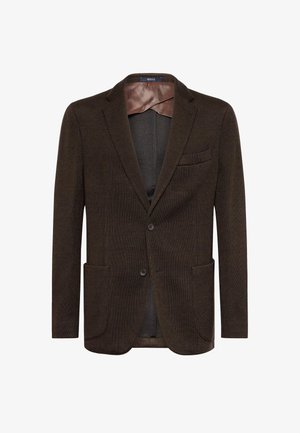 Blazer marrone con tessuto testurizzato, chiusura a un bottone, due tasche anteriori a toppa e interno foderato in satin. Presenta rever a punta e nessuna apertura sul retro.