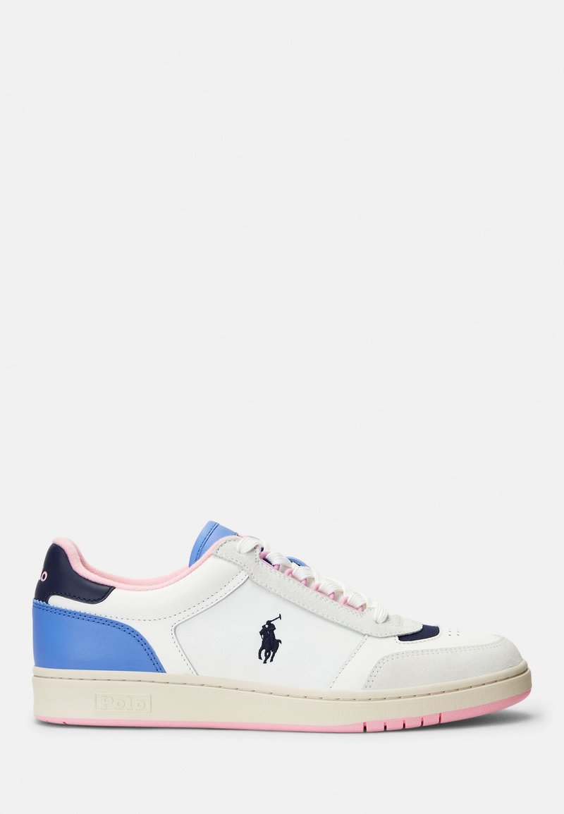 White low-top sneaker with blue and pink accents, beige sole, and black polo player logo on the side.