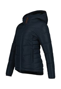 Giacca imbottita blu scuro con cappuccio, dotata di zip frontale, design trapuntato, polsini elasticizzati e orlo posteriore leggermente più lungo.