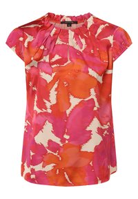Blouse à manches courtes avec un motif abstrait vibrant en rose et orange, confectionnée dans un tissu léger avec un col froncé et une coupe décontractée.