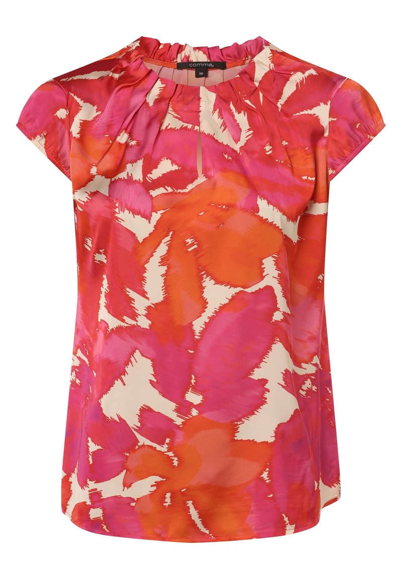Blouse à manches courtes avec un motif abstrait vibrant en rose et orange, confectionnée dans un tissu léger avec un col froncé et une coupe décontractée.