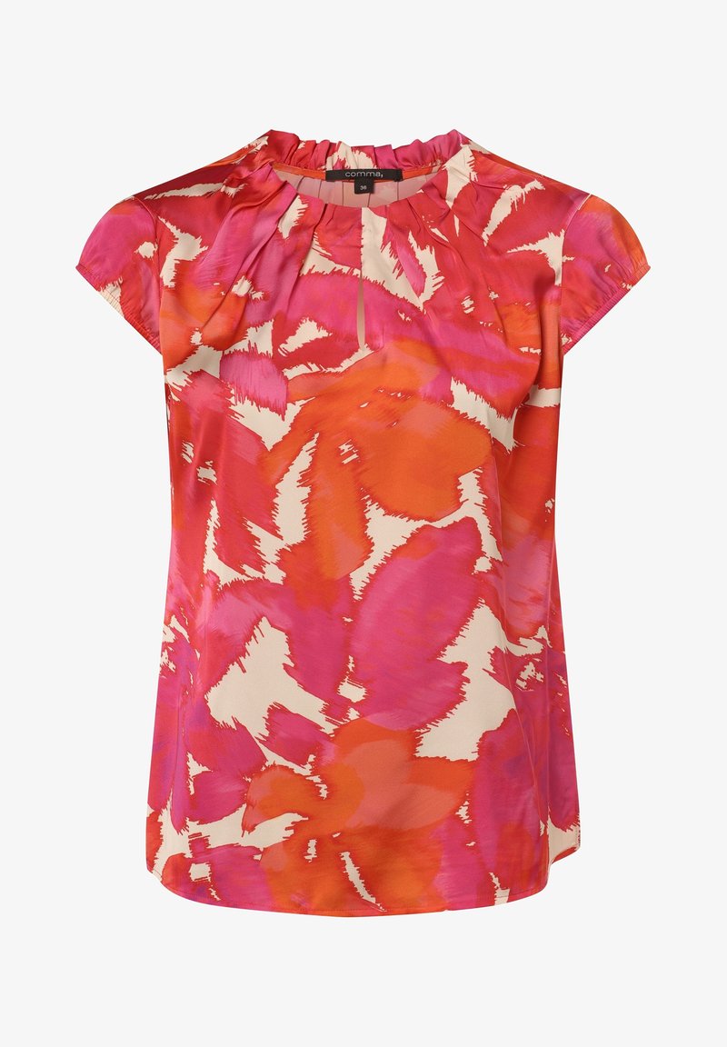 Blouse à manches courtes avec un motif abstrait vibrant en rose et orange, confectionnée dans un tissu léger avec un col froncé et une coupe décontractée.