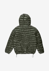 Ciemnozielona puchowa kurtka z kapturem, z pikowanym wzorem, elastycznym ściągaczem u dołu i gładką, błyszczącą fakturą. Widok od tyłu.