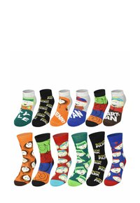 Set di calzini alla caviglia colorati con vari personaggi di "South Park". I materiali sono miscele di cotone con motivi e grafiche distintive.