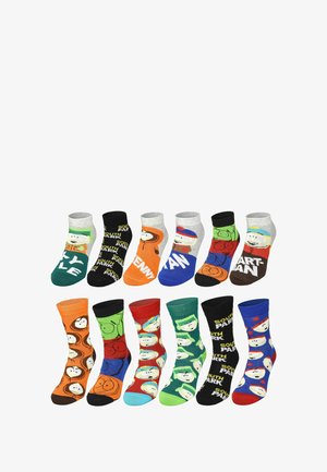 Set of colorful ankle socks featuring various characters from "South Park." Materials are cotton blends with distinct patterns and graphics.