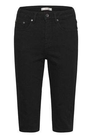 Μαύρα γυναικεία σορτς εφαρμοστής γραμμής μέχρι το γόνατο με θηλιές για ζώνη, εμπρόσθιες τσέπες, κλείσιμο με κουμπί και μικρή ετικέτα εμπορικού σήματος εσωτερικά στη μέση.