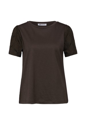 Ciemnobrązowa bluzka z krótkim rękawem, okrągłym dekoltem i wzorzystą koronką na rękawach, marka Street One.