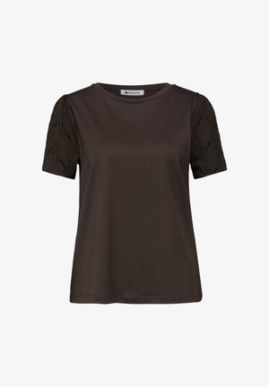 Ciemnobrązowa bluzka z krótkim rękawem, okrągłym dekoltem i wzorzystą koronką na rękawach, marka Street One.