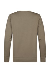 Felpa khaki a maniche lunghe con collo a giro, polsini e orlo a costine. Tessuto liscio con un design semplice e uniforme, senza motivi o decorazioni.