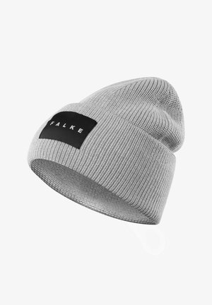 Grijze gebreide beanie met een ribbeltextuur en een omgeslagen rand. Beschikt over een zwart rechthoekig label met witte tekst "FALKE."