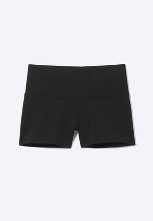 Pantaloni scurți sport negri, mulați, cu talie lată, concepuți pentru confort și flexibilitate.