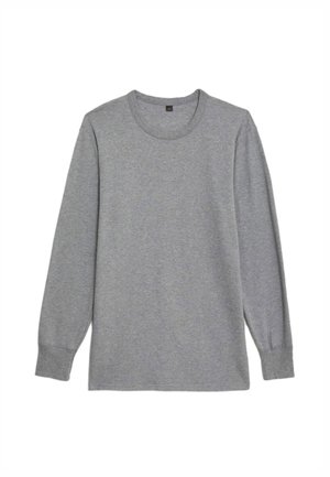 Graues Langarm-T-Shirt aus weichem Stoff, mit Rundhalsausschnitt und gerippten Bündchen. Schlichtes Design ohne sichtbare Muster oder Akzente.