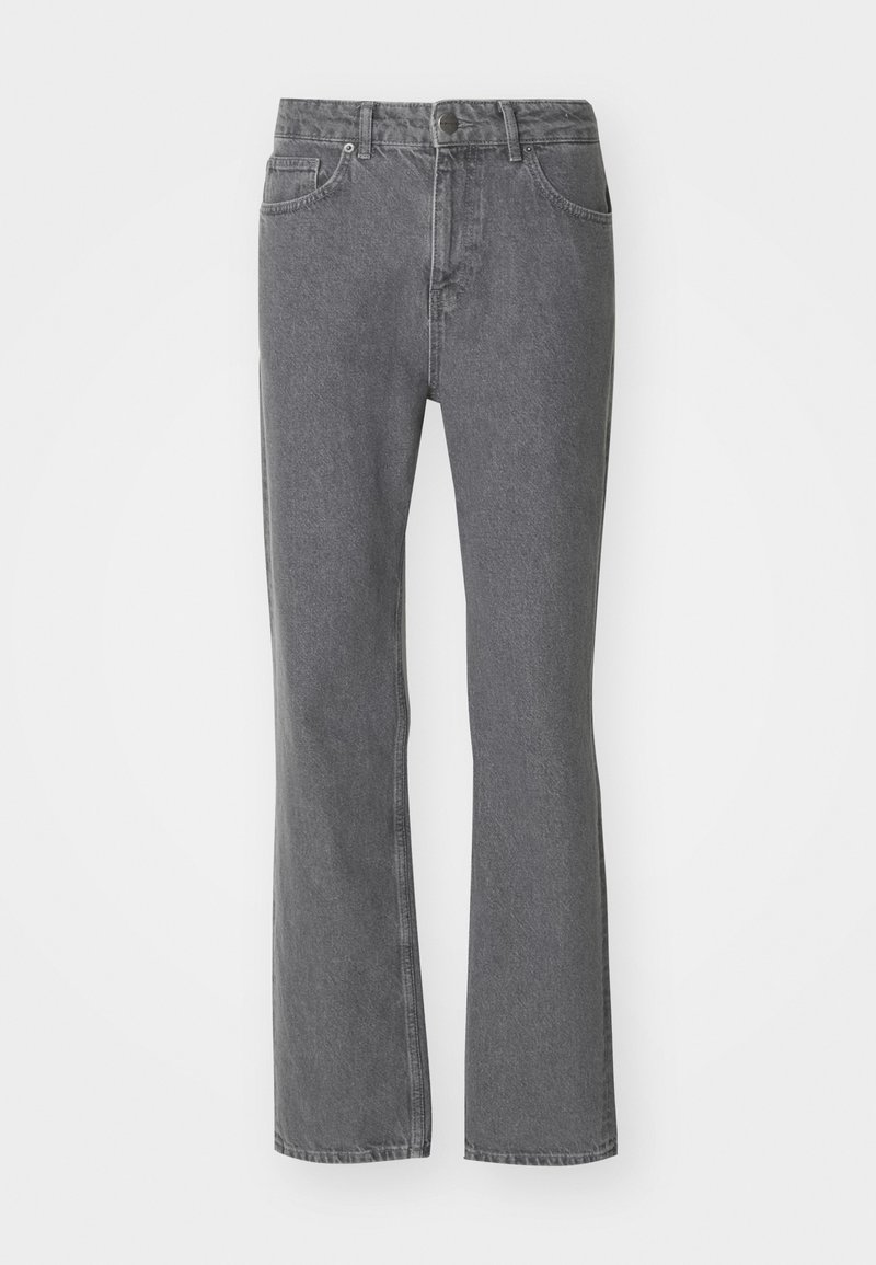 Grå denimjeans med rett ben-design, fem-lomme stil og knappelukking i midjen. Har en bleket tekstur og søm detaljer.