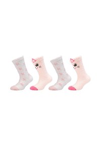 Quattro soffici calzini per bambini in coppie alternate: bianchi con stelle rosa e rosa chiaro con volti di gatto e punte rosa.