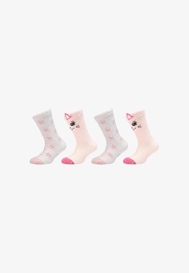 Quattro soffici calzini per bambini in coppie alternate: bianchi con stelle rosa e rosa chiaro con volti di gatto e punte rosa.