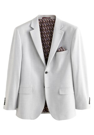 Jasnoszara marynarka męska na dwa guziki, wzorzysta brązowo-czarna podszewka oraz dopasowana poszetka w kieszeni na piersi.