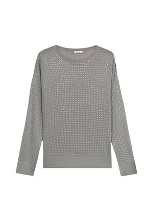 Maglione grigio lavorato a maglia con un design testurizzato e piccole aperture, maniche lunghe e scollatura rotonda. Materiale morbido con polsini a coste.