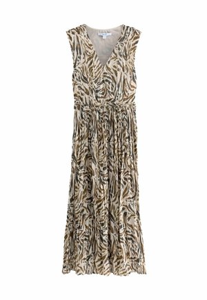 REGULAR FIT - SHOULDER PAD V NECK TIE WAIST PLISSE  - Maxikleid - cream and brown zebra animal print