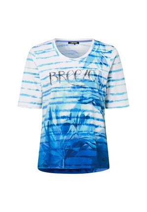 Blue and white short-sleeve T-shirt featuring a striped pattern, floral design, and the word "BREEZE" in glittering silver. Soft cotton material.