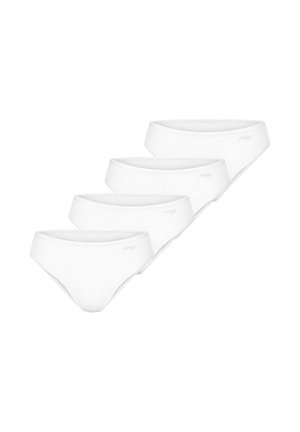 Cztery białe bawełniane bikini z niskim stanem, ułożone w opadającą linię diagonalną na jednolitym tle.