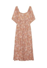 Vestido maxi de tejido melocotón claro con un patrón floral y geométrico, escote cuadrado y mangas cortas. Diseño acampanado en capas.