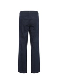 Donkerblauwe denim broek weergegeven van de achterkant, met een rechte pijp en twee achterzakken.