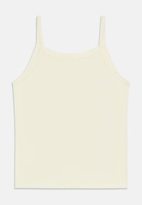 Ανοιχτό μπεζ μπλουζάκι χωρίς μανίκια, κατασκευασμένο από απαλό ύφασμα, με λεπτές τιράντες, στρογγυλεμένο στρόγγυλο λαιμό και μινιμαλιστικό σχέδιο χωρίς σχέδια ή διακοσμήσεις.