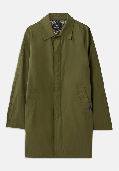 Olive green lightweight coat with a pointed collar, two side pockets, and a patterned inner lining. Features a relaxed, straight cut design.