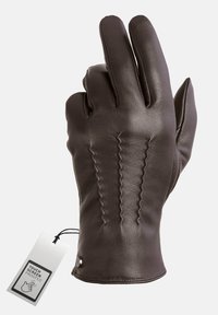 Braune Lederhandschuhe mit genähten Details, Berührungskompatibilitätslabel und glatter Textur. Bieten eine enge Passform und fingerbedeckung.