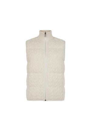 Cremefarbene, ärmellose Strickweste mit hohem Kragen und Reißverschluss vorne, auf weißem Hintergrund präsentiert.