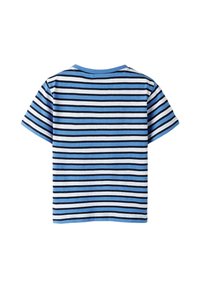 Blå och vit randig kortärmad t-shirt med svarta ränder, rund hals, i bomull och med sydd fåll.