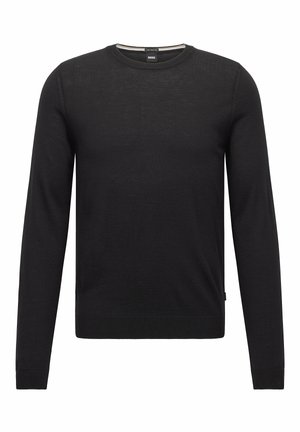 Sort langærmet trøje lavet af fint strikket stof. Har en rund halsudskæring samt ribbede manchetter og kant. Minimalistisk design uden mønstre.