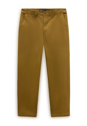 Pantaloni di cotone marroni con taglio dritto, dotati di due tasche anteriori, una vita standard e una texture liscia e opaca.