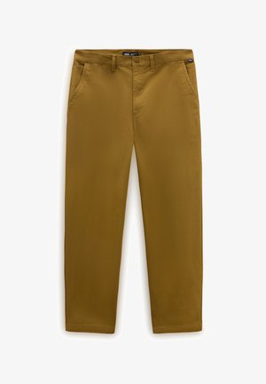 Pantaloni di cotone marroni con taglio dritto, dotati di due tasche anteriori, una vita standard e una texture liscia e opaca.