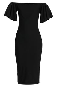 Robe noire à épaules dénudées avec manches évasées, coupe moulante bodycon, longueur au genou, et tissu lisse et extensible.