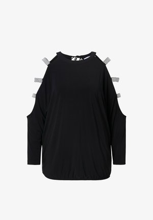 Top negro de manga larga con hombros descubiertos, con acentos decorativos de rayas plateadas y un dobladillo fruncido para un ajuste holgado.